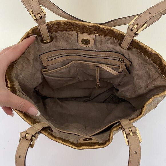 Michael Kors Gold Metallic Signature Logo Satchel Tote Diaper Bag 1974222 - Picture 8 of 12